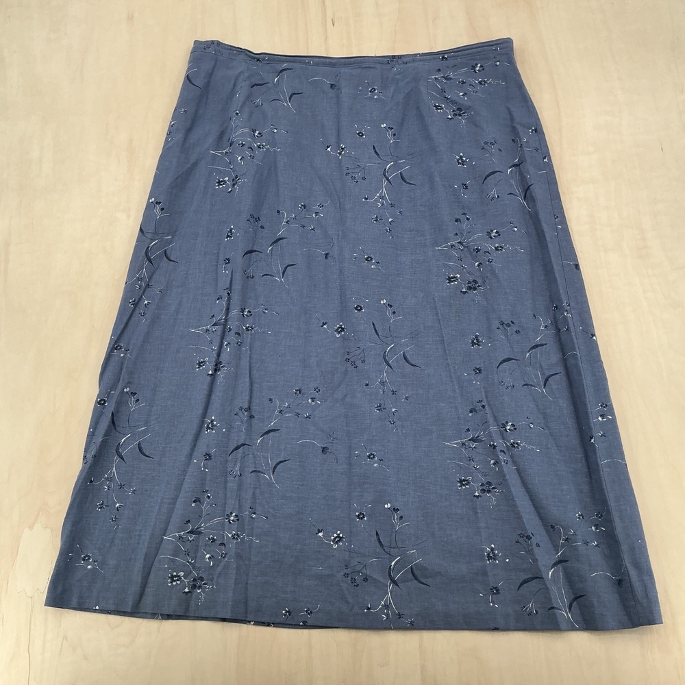 Vtg In Moda Linen Blend Skirt Womens 2XL Blue Floral Midi A-Line Elastic Waist